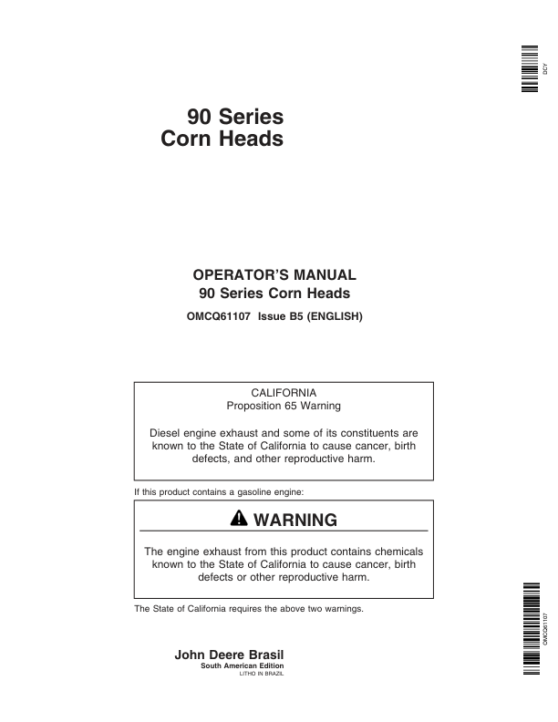 John Deere 692, 891, 892, 894, 995, 1092, 1290, 1293, 1295 (90 Series) Corn Heads Operator's Manual (OMCQ61107)
