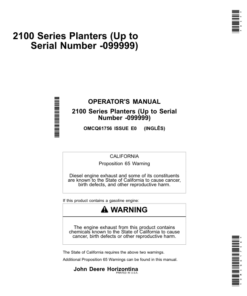 John Deere 2109, 2111, 2113, 2115, 2117, 2122, 2126, 2130, 2134 VACUMETER, Radial Seed Meter, Radial Bean Meter Planters (000001-099999) Operator's Manual (OMCQ61756)