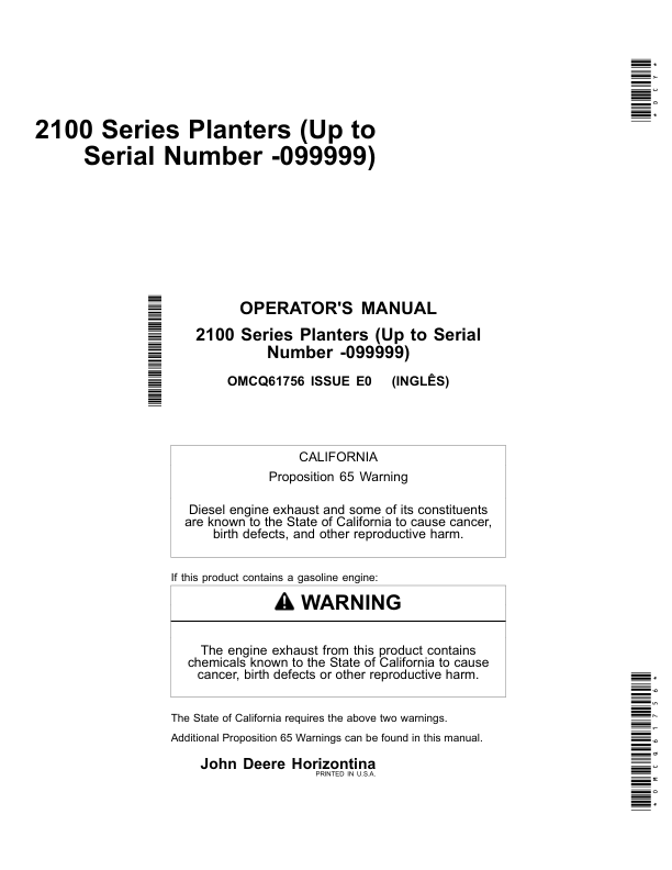 John Deere 2109, 2111, 2113, 2115, 2117, 2122, 2126, 2130, 2134 VACUMETER, Radial Seed Meter, Radial Bean Meter Planters (000001-099999) Operator's Manual (OMCQ61756)