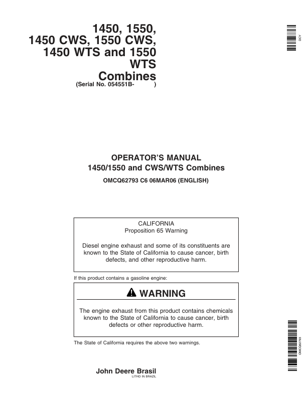 John Deere 1450, 1550, 1450 CWS, 1450 WTS, 1550 CWS, 1550 WTS Combines Operator's Manual (OMCQ62793)
