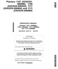 John Deere 1107 (000001-090086), 1109 (000001-090454), 1111 (000001-090604), 1113 (000001-090086) Planters Operator's Manual (OMCQ63041)