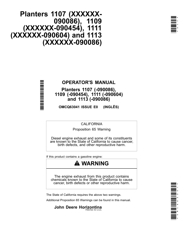 John Deere 1107 (000001-090086), 1109 (000001-090454), 1111 (000001-090604), 1113 (000001-090086) Planters Operator's Manual (OMCQ63041)