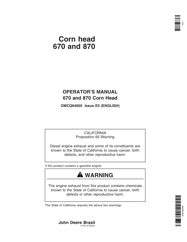 John Deere 670, 870 Corn Head Operator's Manual (OMCQ64650)
