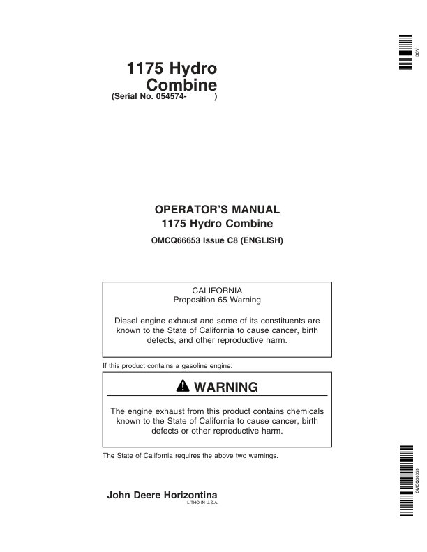 John Deere 1175 Hydro Combine (054574 - 091543) Operator's Manual (OMCQ66653)