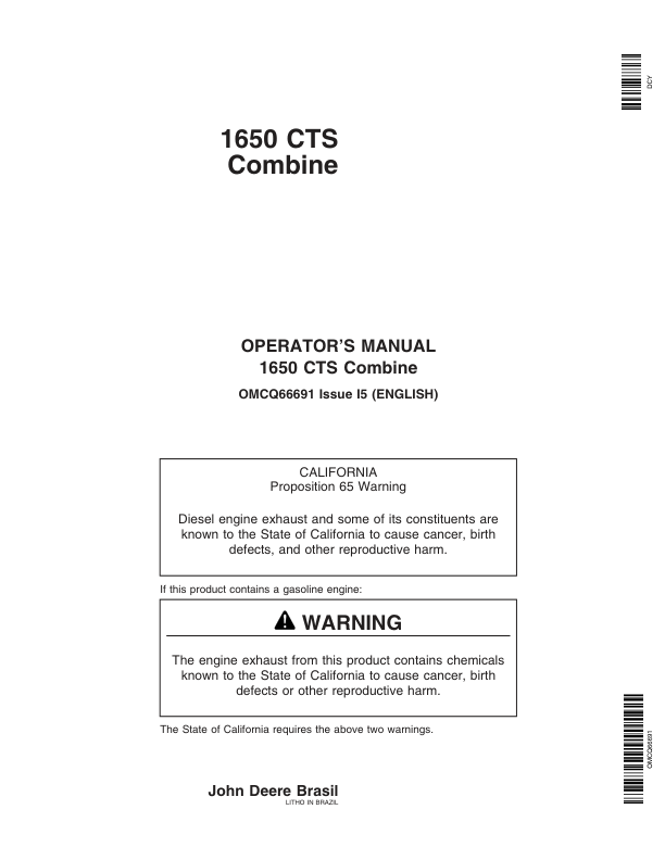 John Deere 1650 CTS Combine Operator's Manual (OMCQ66691)