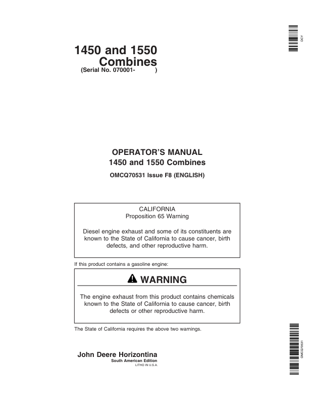 John Deere 1450, 1550 Combine Operator's Manual (OMCQ70531)