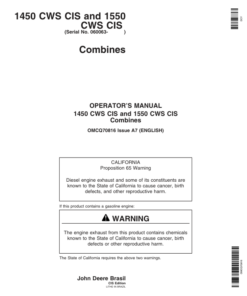 John Deere 1450CWS CIS, 1550CWS CIS Combine Operator's Manual (OMCQ70816)