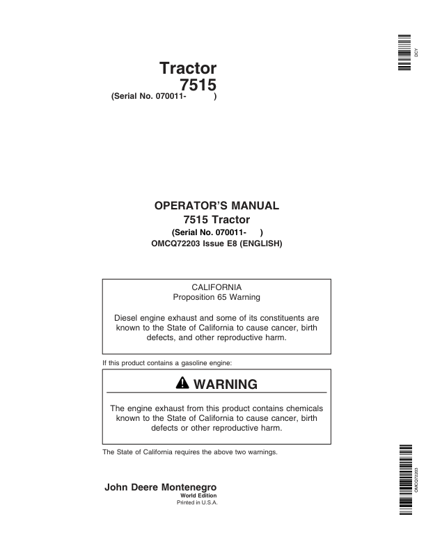 John Deere 7515 Tractor Operator's Manual (OMCQ72203)