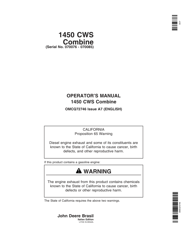 John Deere 1450CWS Combine Operator's Manual (OMCQ72746)