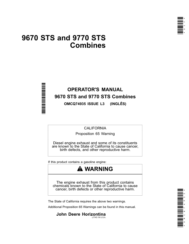 John Deere 9670 STS & 9770 STS Combines Manufactured in Horizontina Operator's Manual (OMCQ74935)