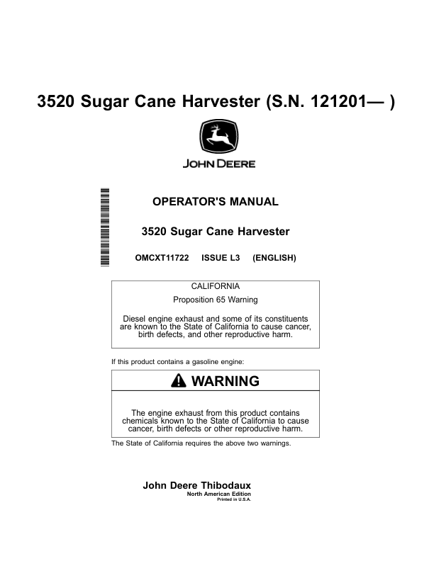 John Deere 3520 Sugar Cane Harvest (121201-) Operator's Manual (OMCXT11722)