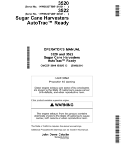 John Deere 3520, 3522 Sugar Cane Harvesters AutoTrac Ready Operator's Manual (OMCXT12604)
