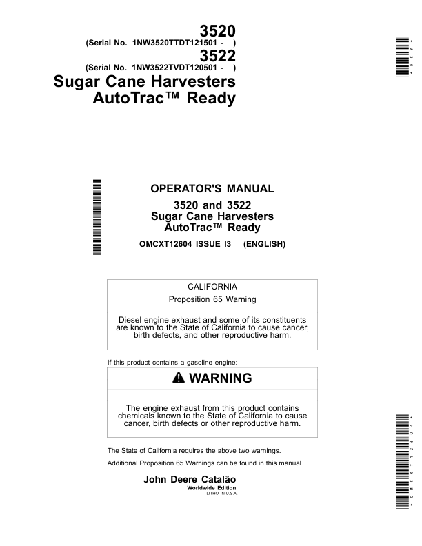 John Deere 3520, 3522 Sugar Cane Harvesters AutoTrac Ready Operator's Manual (OMCXT12604)