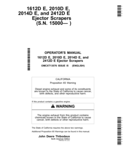 John Deere 1612D E, 2010D E, 2014D E & 2412D E Ejector Scrapers (15000- ) Operator's Manual (OMCXT13576)