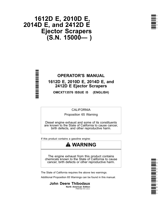 John Deere 1612D E, 2010D E, 2014D E & 2412D E Ejector Scrapers (15000- ) Operator's Manual (OMCXT13576)