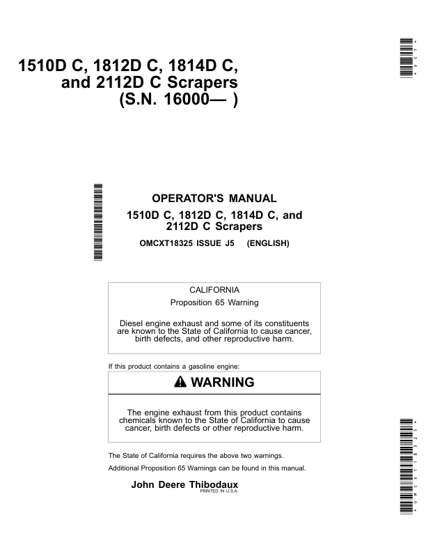 John Deere 1510D C, 1812D C, 1814D C, 2112D C Scrapers Operator's Manuals (OMCXT18325)