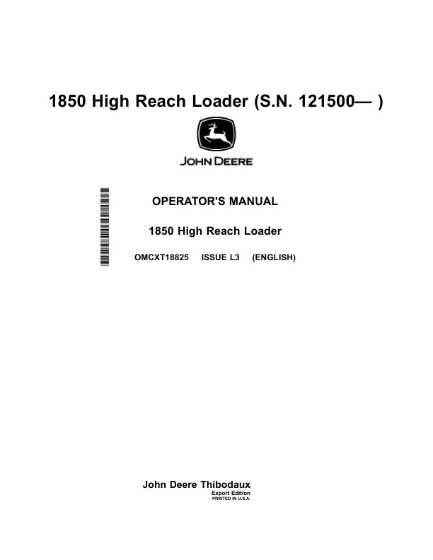 John Deere 1850 High Reach LoadersExport Edition (121500-) Operator's Manual (OMCXT18825)