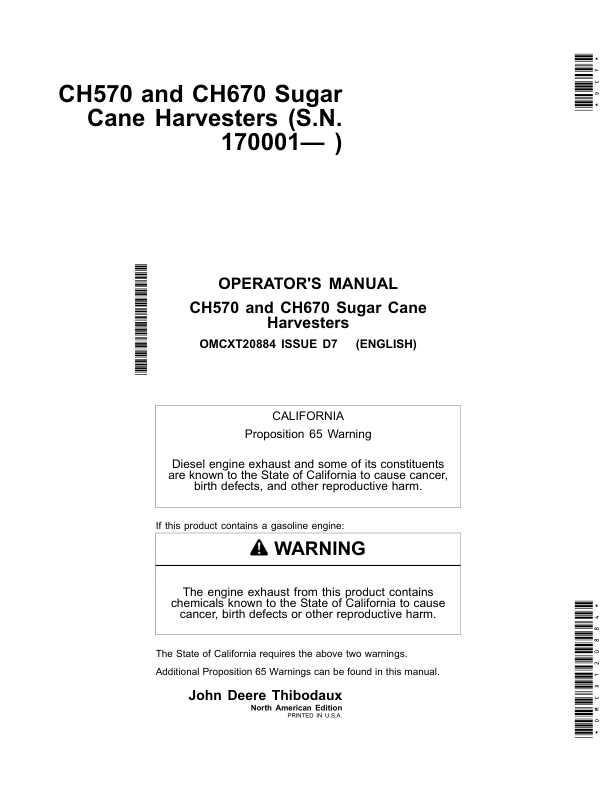 John Deere CH570 & CH670 Sugar Cane Harvesters Operator's Manual (OMCXT20884)