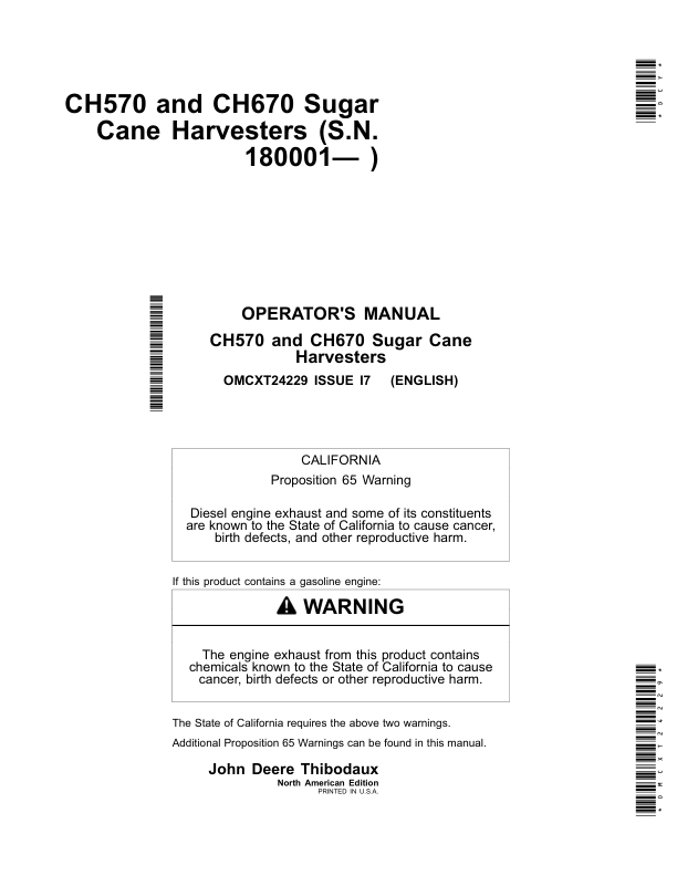 John Deere CH570 & CH670 Sugar Cane Harvesters Operator's Manual (OMCXT24229)
