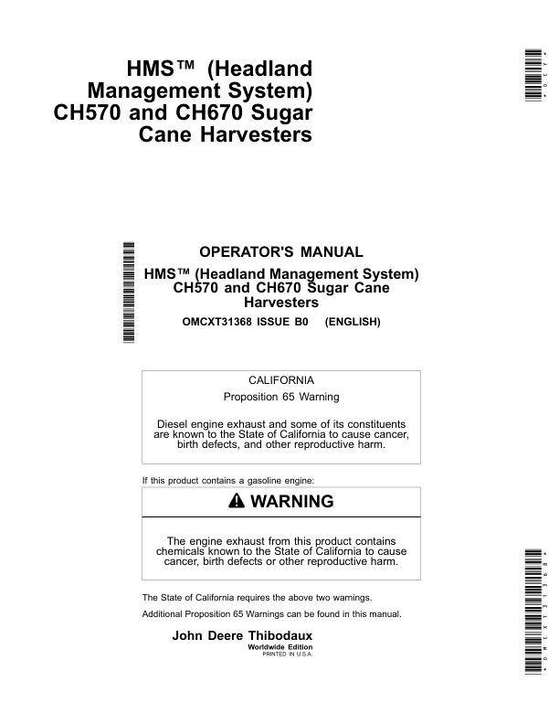 John Deere HMS (Headland Management System)CH570, CH670 Sugar Cane Harvesters Operator's Manual (OMCXT31368)