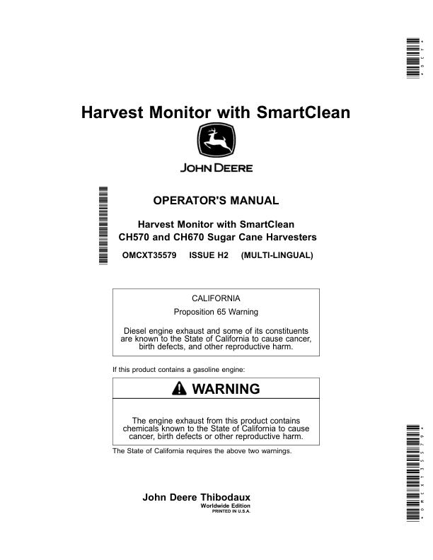 John Deere Harvest Monitor with SmartClean (Worldwide Edition) Operator's Manual (OMCXT35579)