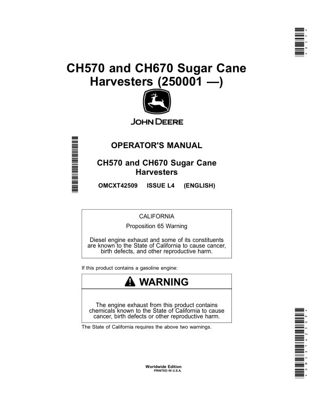 John Deere CH570, CH670 Sugar Cane Harvesters (250001 —) Operator's Manual (OMCXT42509)