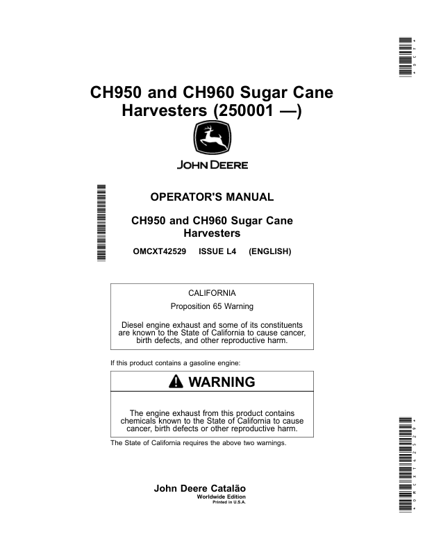 John Deere CH950, CH960 Sugar Cane Harvesters (250001 —) Operator's Manual (OMCXT42529)