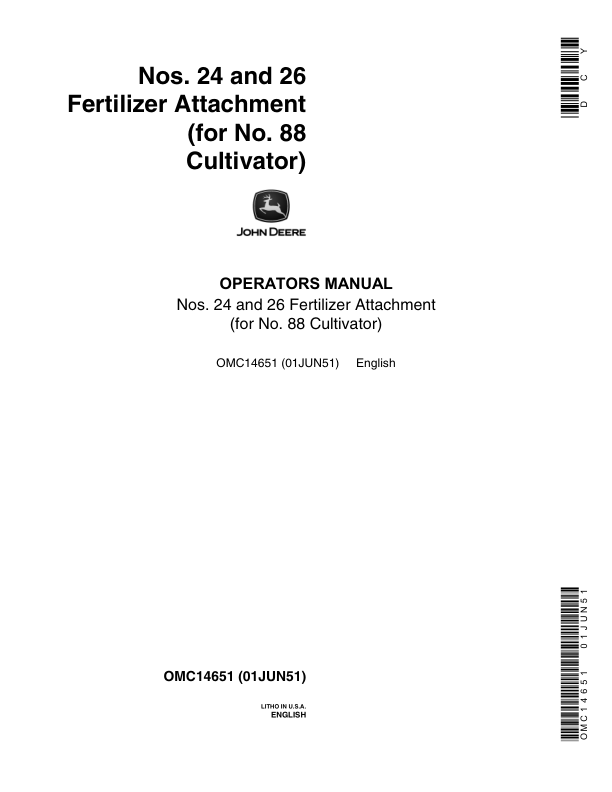 John Deere Nos. 24, 26 Fertilizer Attachment for 88 Cultivator Operator's Manual (OMD14651)