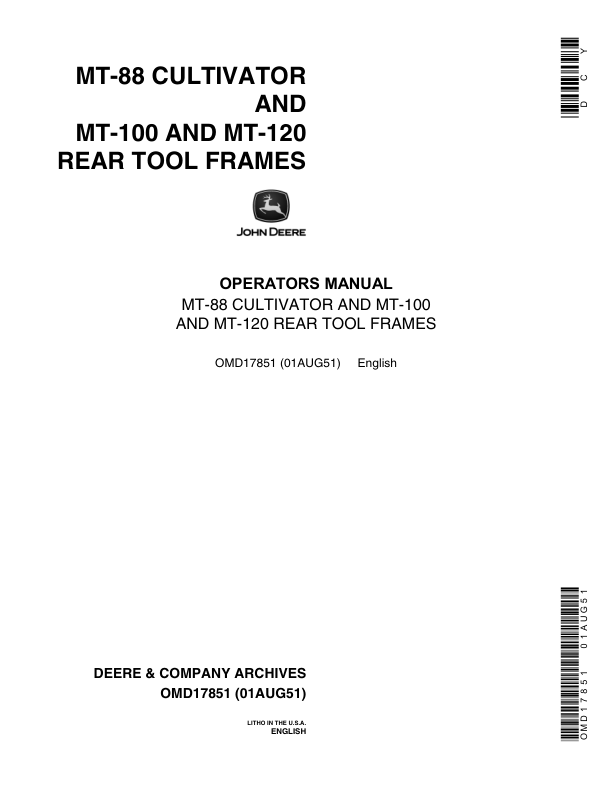 John Deere MT88 Cultivator, MT100, MT120 Rear Tool Frames Operator's Manual (OMD17851)