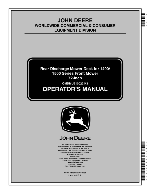 John Deere 1400, 1420 1435, 1445, 1545, 1550, 1565 Rear Discharge Mower Deck for 1400/1500 Series Front Mower 72-Inch (North America) (210001-) Operator's Manual (OMDMU210022E)