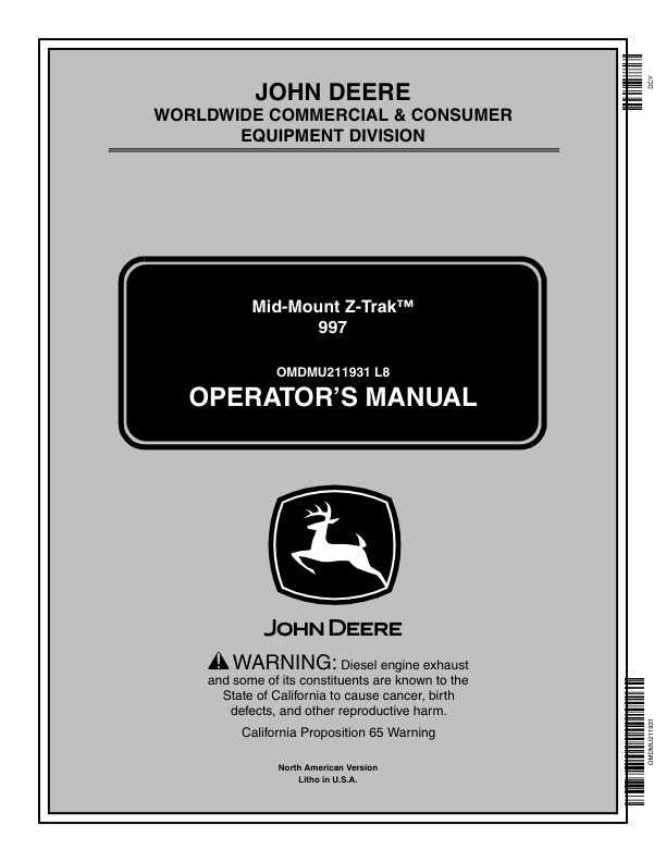 John Deere 997 Max-Frame ZTrak Mower (030101-) Operator's Manual (OMDMU211931)