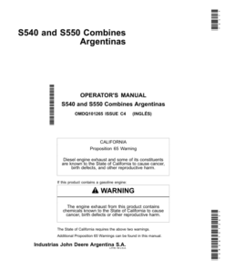 John Deere S540, S550 Combines Argentinas Operator's Manual (OMDQ101265)