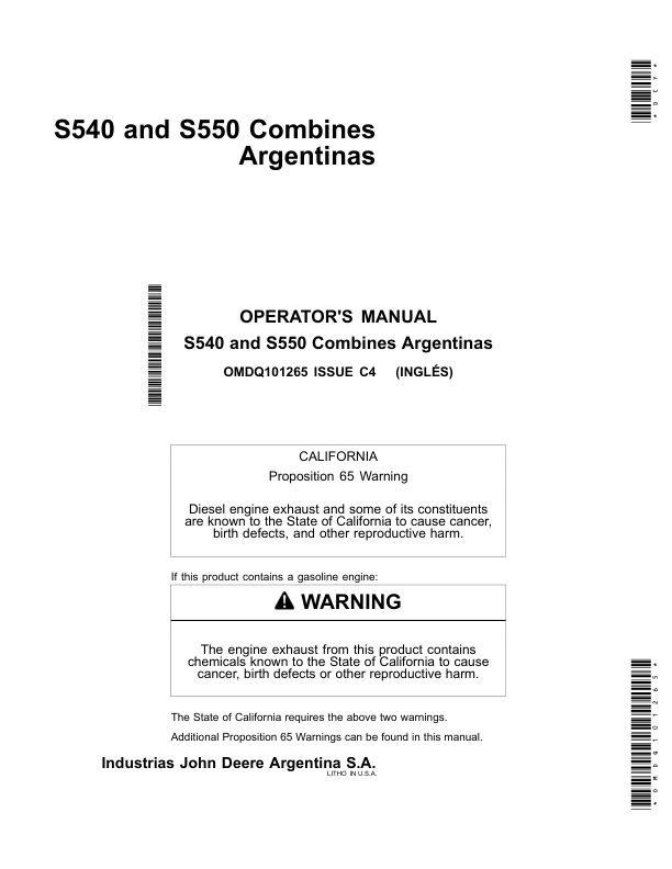 John Deere S540, S550 Combines Argentinas Operator's Manual (OMDQ101265)