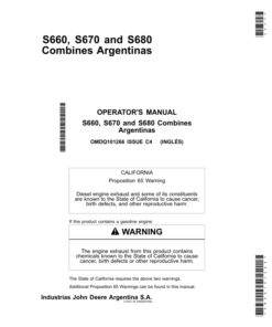 John Deere S660, S670, S680 Combines Operator's Manual (OMDQ101266)