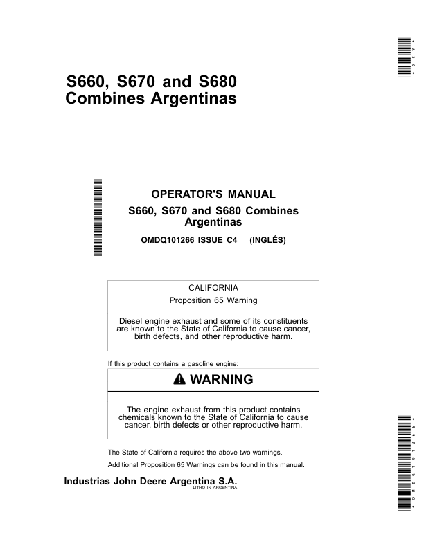 John Deere S660, S670, S680 Combines Operator's Manual (OMDQ101266)