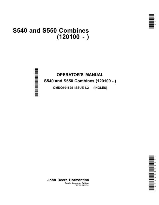 John Deere S540, S550 Combines (South American Edition) Operator's Manual (OMDQ101825)