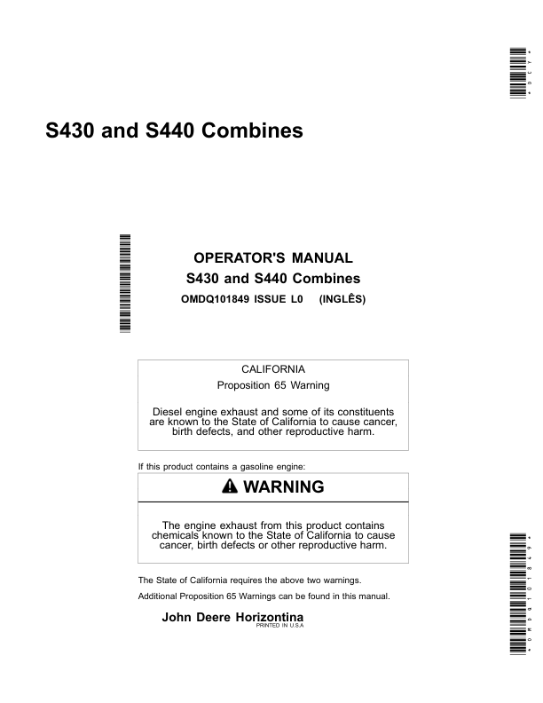 John Deere S430, S440 Combines (Worldwide Edition) Operator's Manual (OMDQ101849)