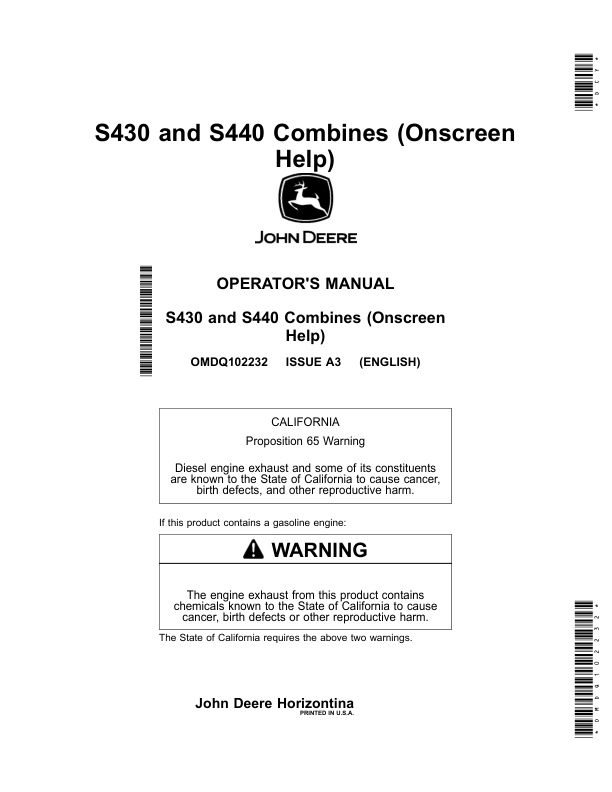 John Deere S430, S440 Combines (Onscreen Help) (150100-) Operator's Manual (OMDQ102232)