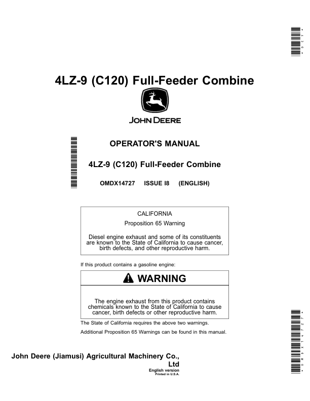 John Deere C120 (4LZ-9) Full-Feeder Combine Operator's Manual (OMDX14727)
