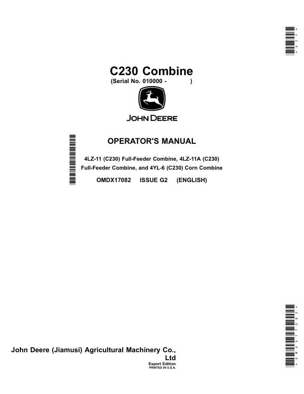 John Deere C230 Combine (010000-) (Export) Operator's Manual (OMDX17082)