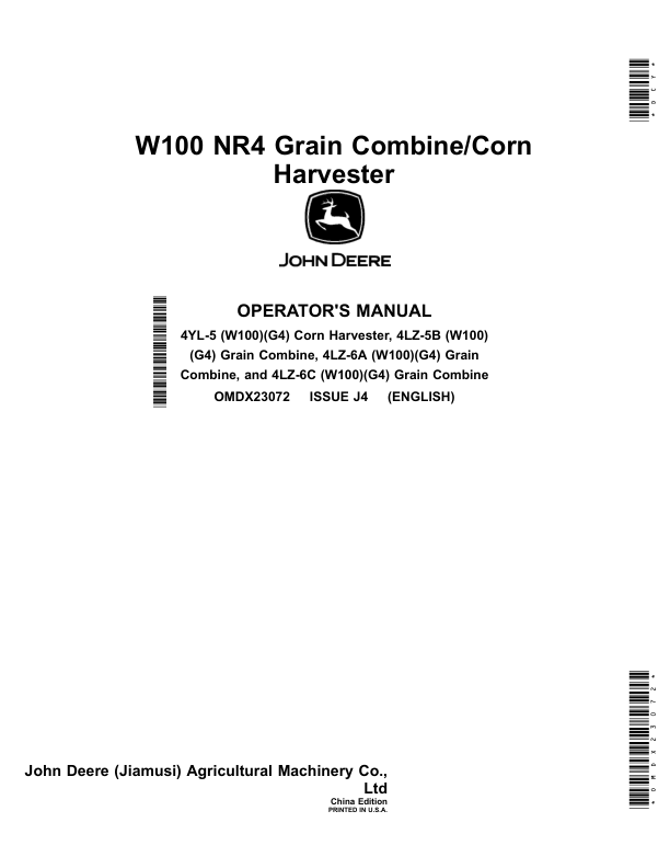 John Deere W100 NR4 Grain Combine/Corn Harvester Operator's Manual (OMDX23072)