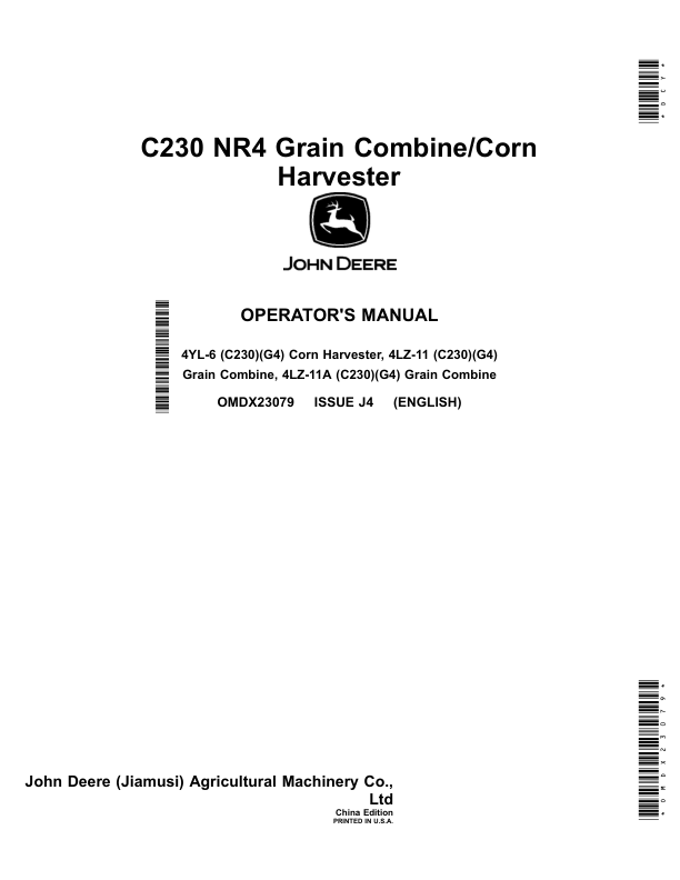 John Deere C230 NR4 Grain Combine/Corn Harvester Operator's Manual (OMDX23079)