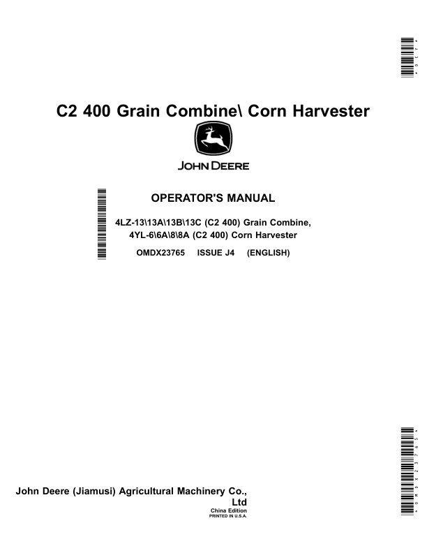 John Deere C2 400 Grain Combine Corn Harvester Operator's Manual (OMDX23765)