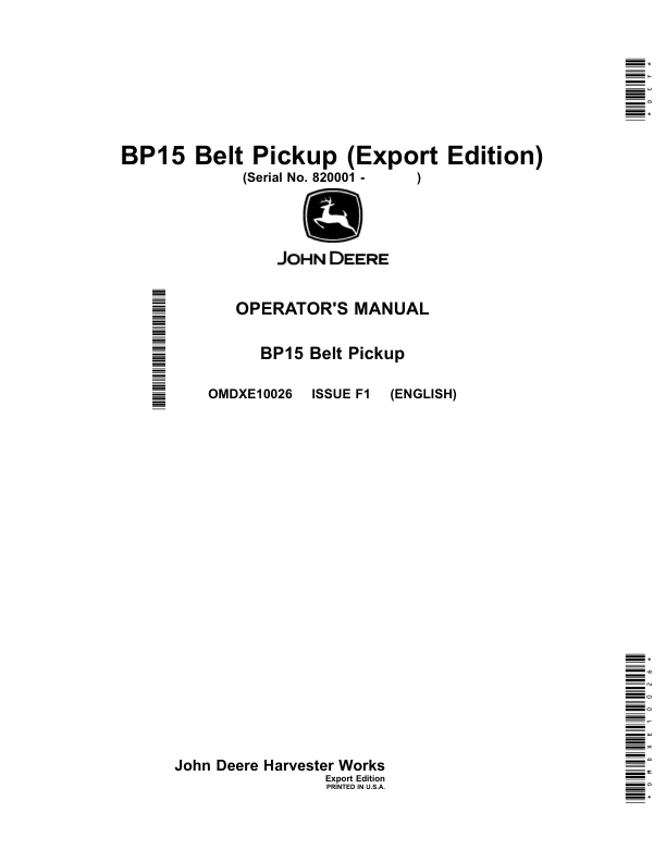 John Deere BP15 Belt Pickup (820001-) (Export Edition) Operator's Manual (OMDXE10026)