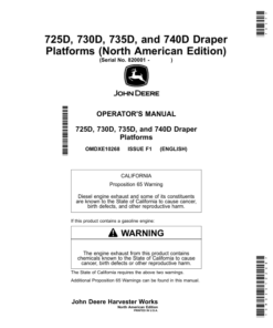 John Deere 725D, 730D, 735D, 740D Draper Platforms (820001-) (North American) Operator's Manual (OMDXE10268)