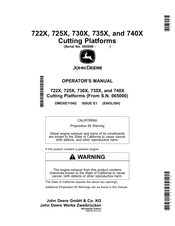 John Deere 722X, 725X, 730X, 735X, 740X Cutting Platforms (Worldwide) Operator's Manual (OMDXE11042)