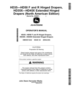 John Deere HD35 - HD50 F, R Hinged Drapers, HD35X - HD45X Extended Hinged Drapers (North American) (830001-) Operator's Manual (OMDXE13222)