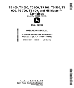 John Deere T5 400, T5 500, T5 600, T5 700, T6 500, T6 600, T6 700, T6 800, HillMaster Combines Operator's Manual (OMDXE15047)