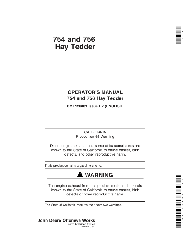 John Deere 754, 756 Hay Tedder Operator's Manual (OME126809)