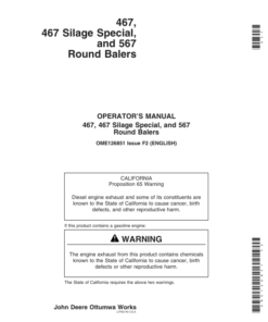 John Deere 467, 467S, 567 Round Balers Operator's Manual (OME126851)